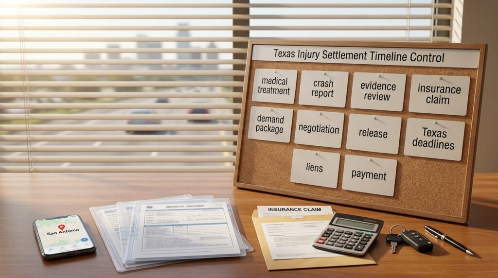 How Long Do Injury Settlements Take in Texas? A San Antonio Settlement Timeline Control Board Texas injury settlement timeline control board with medical treatment crash report insurance review demand package negotiation release liens and payment notes