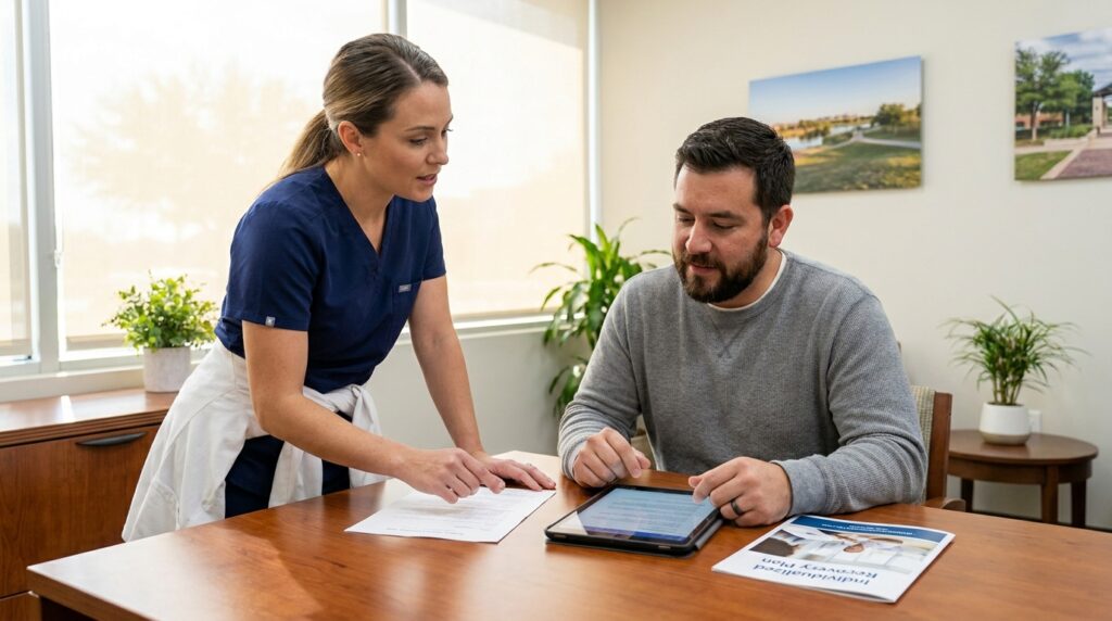 Patient comparing accident injury clinic care options after a car accident in Farmers Branch