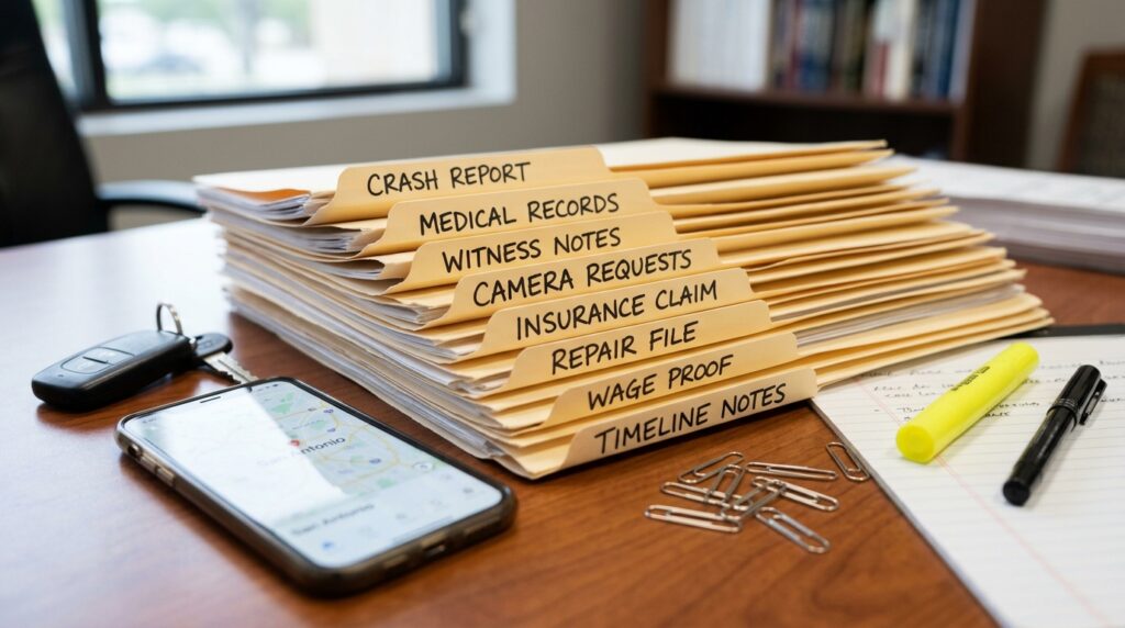 San Antonio injury settlement records queue with crash report medical records witness notes camera requests insurance claim and repair file