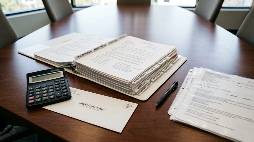 Texas injury settlement demand package with liability summary medical timeline bills wage proof repair records policy limits and negotiation calendar