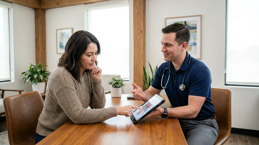Patient discussing an individualized accident recovery plan with an injury clinic provider